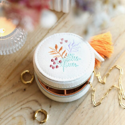Embroidered Leaves Mini Round Linen Travel Case