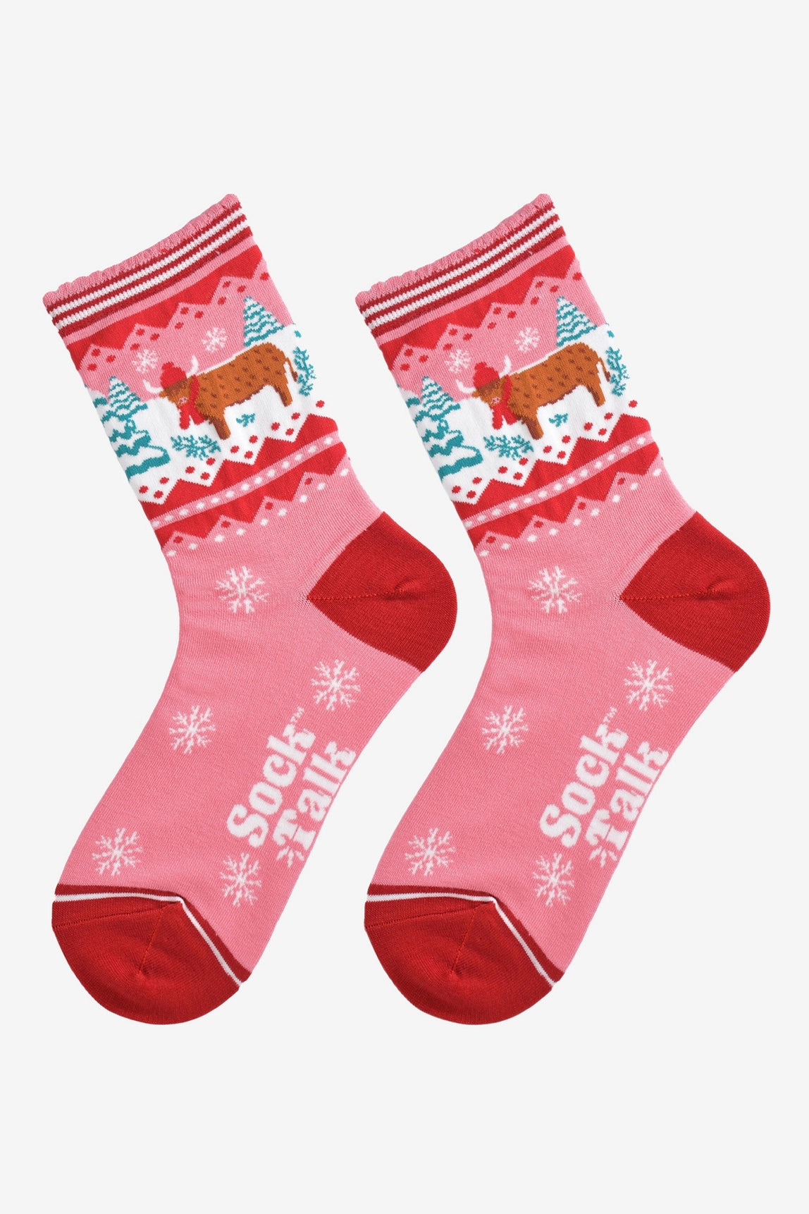 Women's Bamboo Socks Pink/Red Christmas Highland Cow